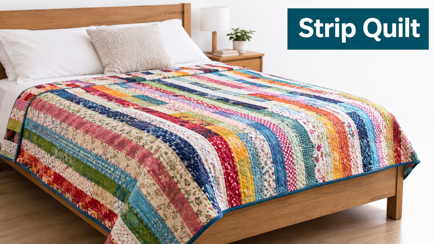 A colorful strip quilt made from various patterned fabric pieces draped over a wooden bed frame.