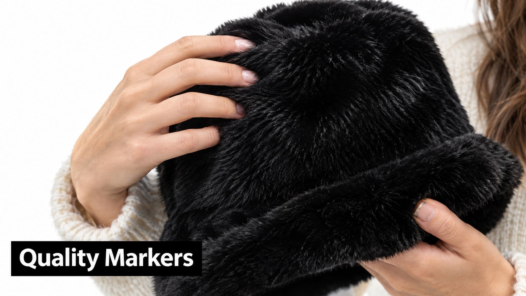 A close up view of a woman's hands touching a luxurious black faux fur winter hat.