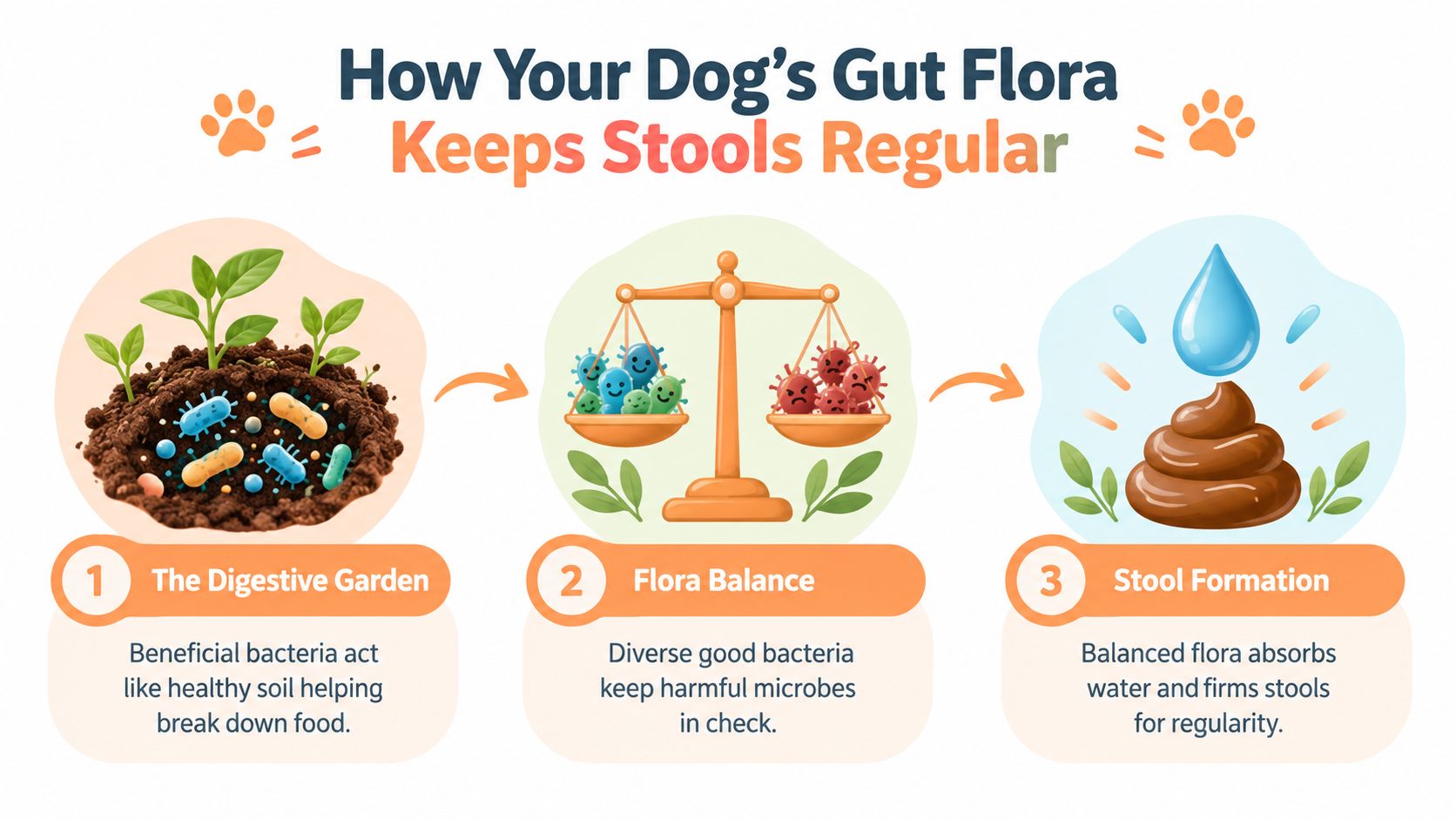 An infographic showing three steps of how dog gut flora supports healthy, regular stool formation and digestion.