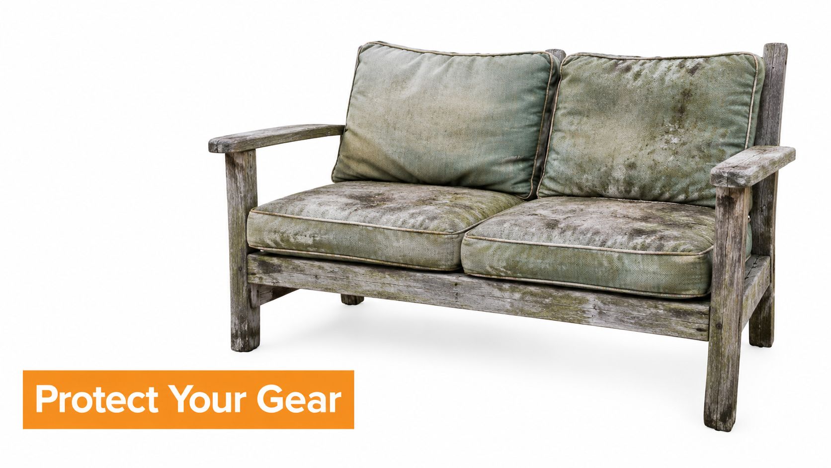 A weathered, worn-out two-seater wooden bench with dirty cushions isolated against a white background.