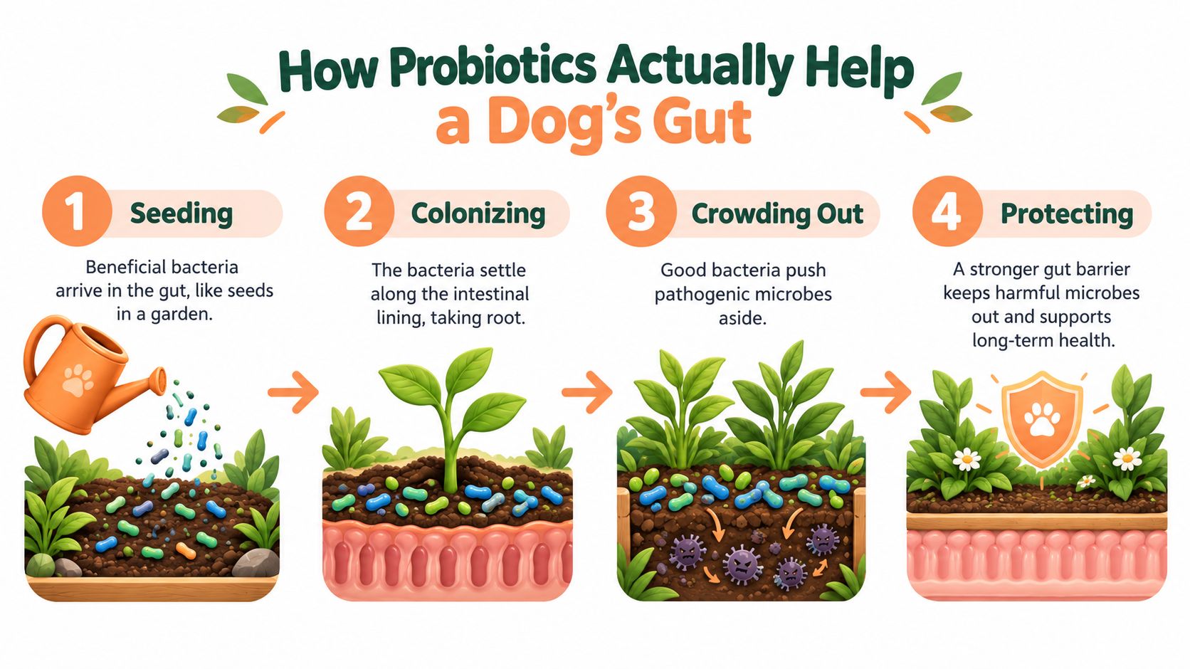 An infographic showing four steps of how probiotics support a dog's gut health through seeding, colonizing, and protecting.