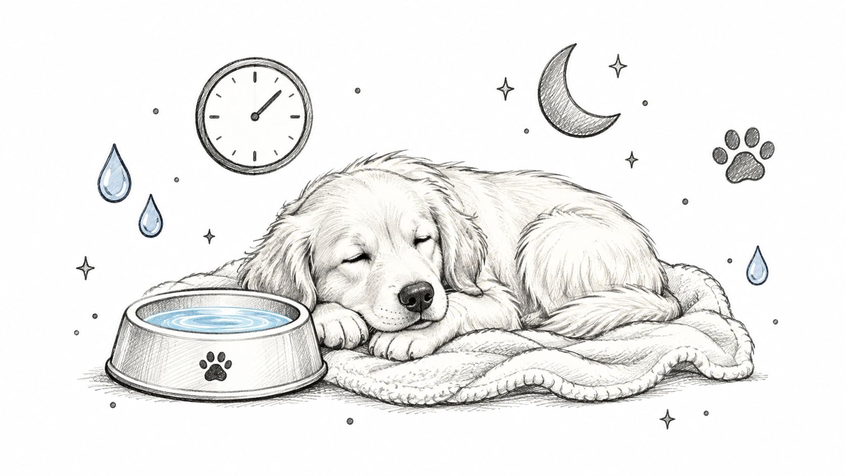 A pencil sketch of a sleepy puppy resting on a blanket next to a water bowl at night.