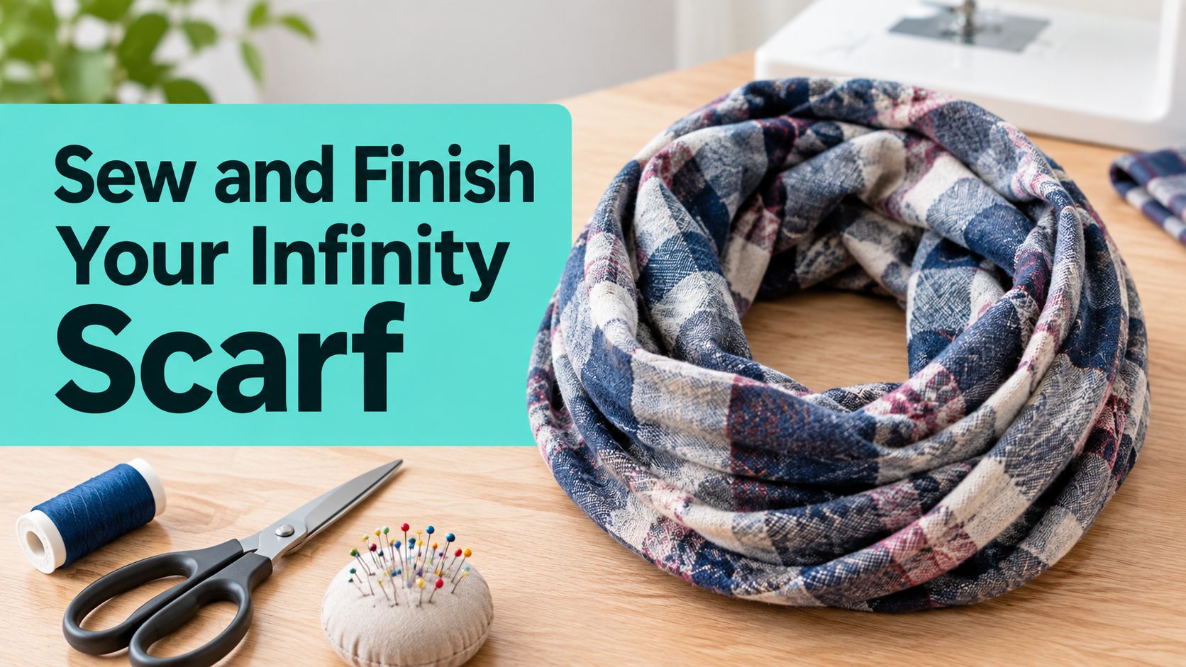 A plaid infinity scarf on a wooden table with sewing supplies like scissors, thread, and pins.