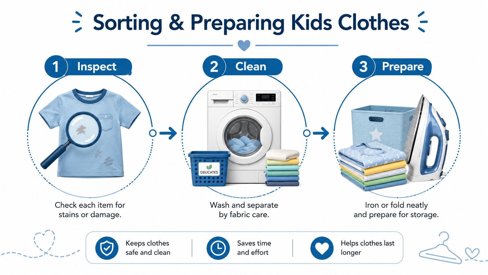 An infographic illustrating three steps for laundry: inspecting for stains, washing by fabric care, and folding clothes.