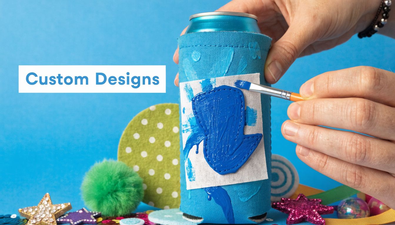 A pair of hands painting a custom blue patch onto a neoprene beverage can koozie sleeve.