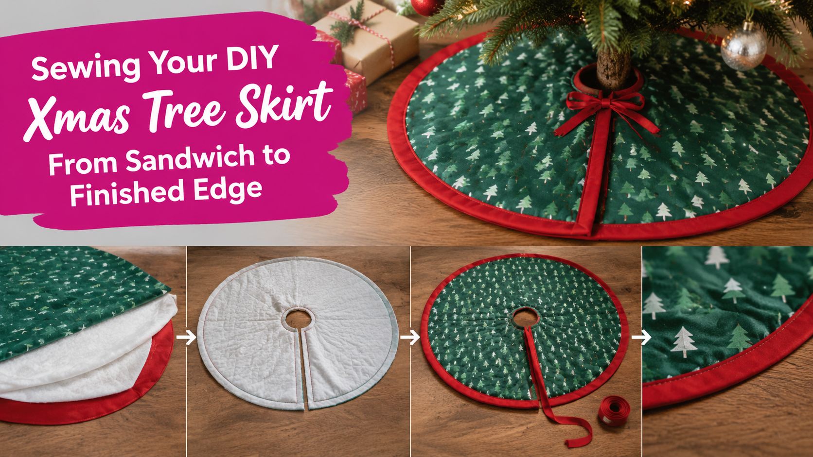 A DIY tutorial image showing the steps to sew a green Christmas tree skirt with red trim.