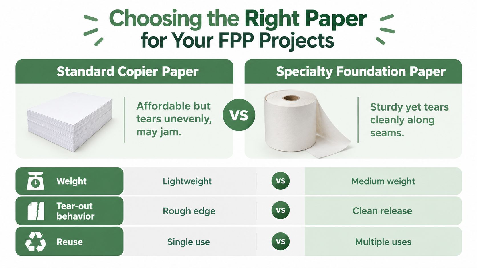 A comparison chart showing the differences between standard copier paper and specialty foundation paper for quilting.