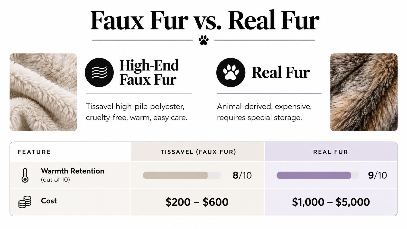 A comparison chart showing features, warmth, and cost differences between high-end Tissavel faux fur and real fur.