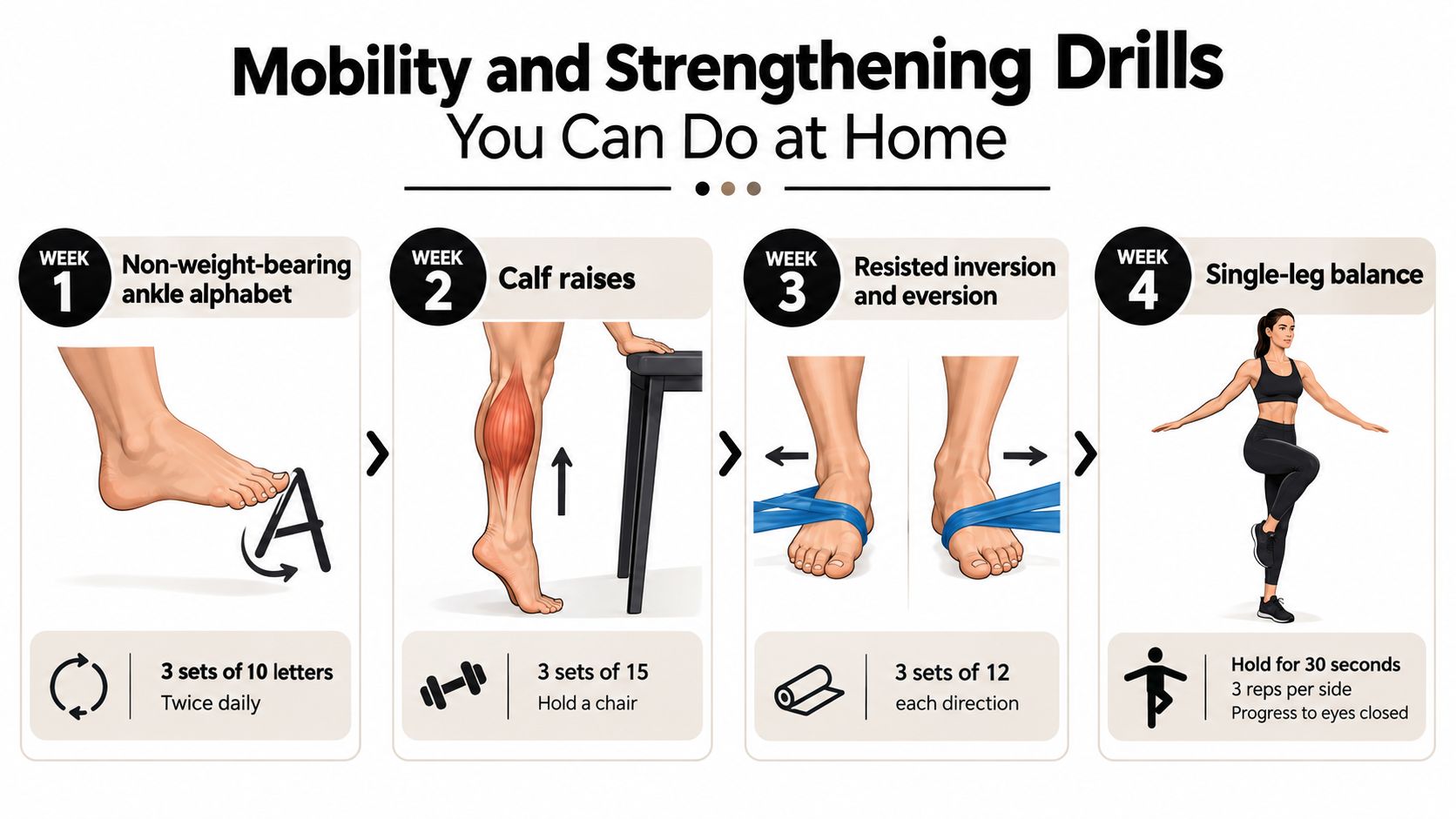 A four-week rehabilitation exercise infographic demonstrating mobility and strengthening drills for ankle recovery and stability.