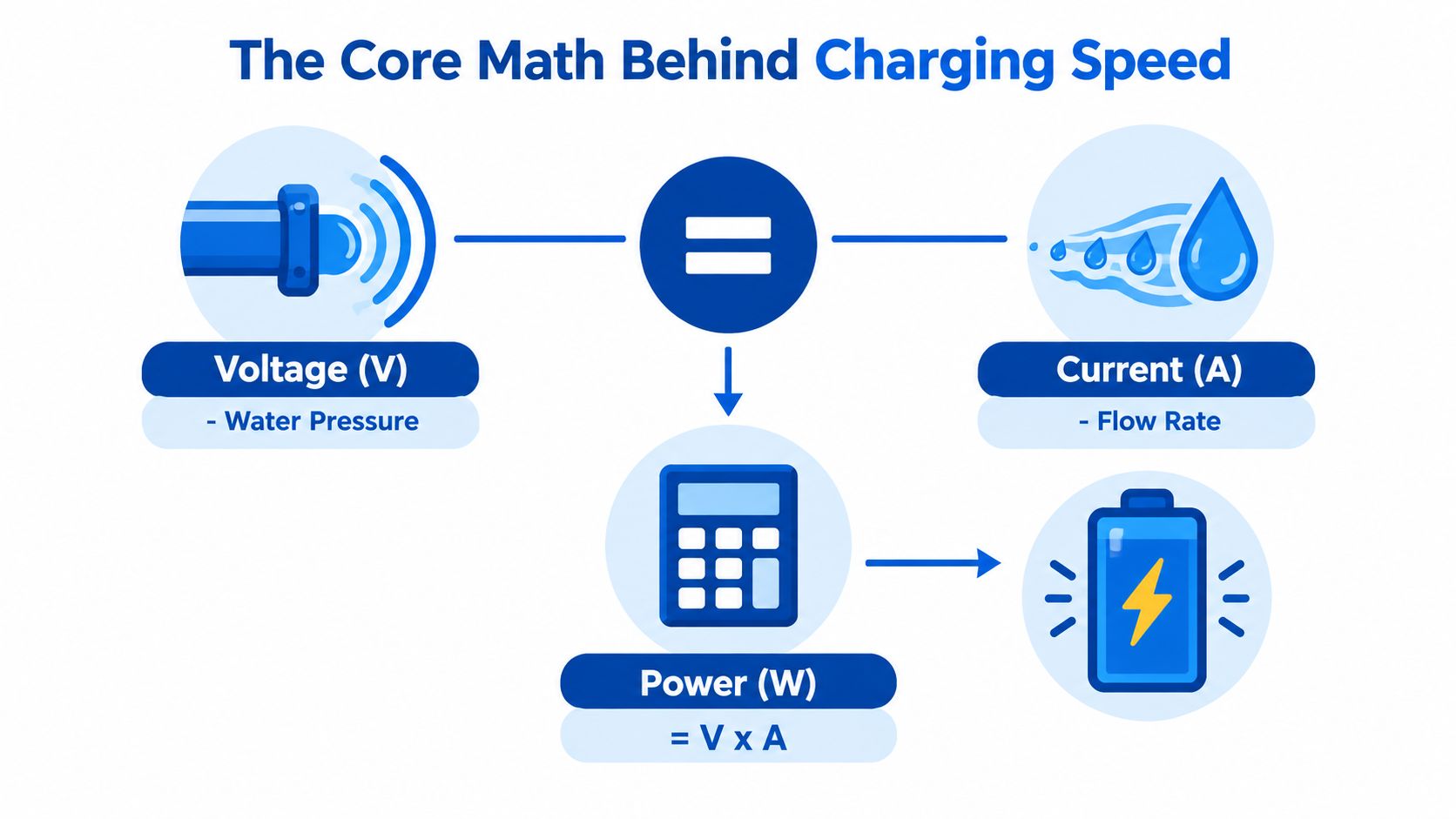A diagram explaining that charging power in watts is calculated by multiplying voltage and current.