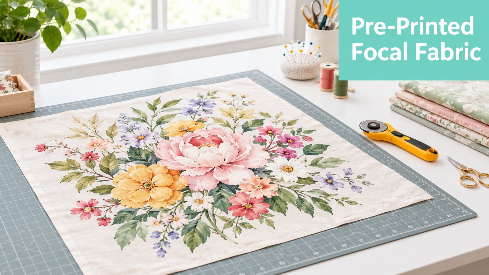 A floral quilt panel featuring a large, colorful peony arrangement displayed on a crafting cutting mat.