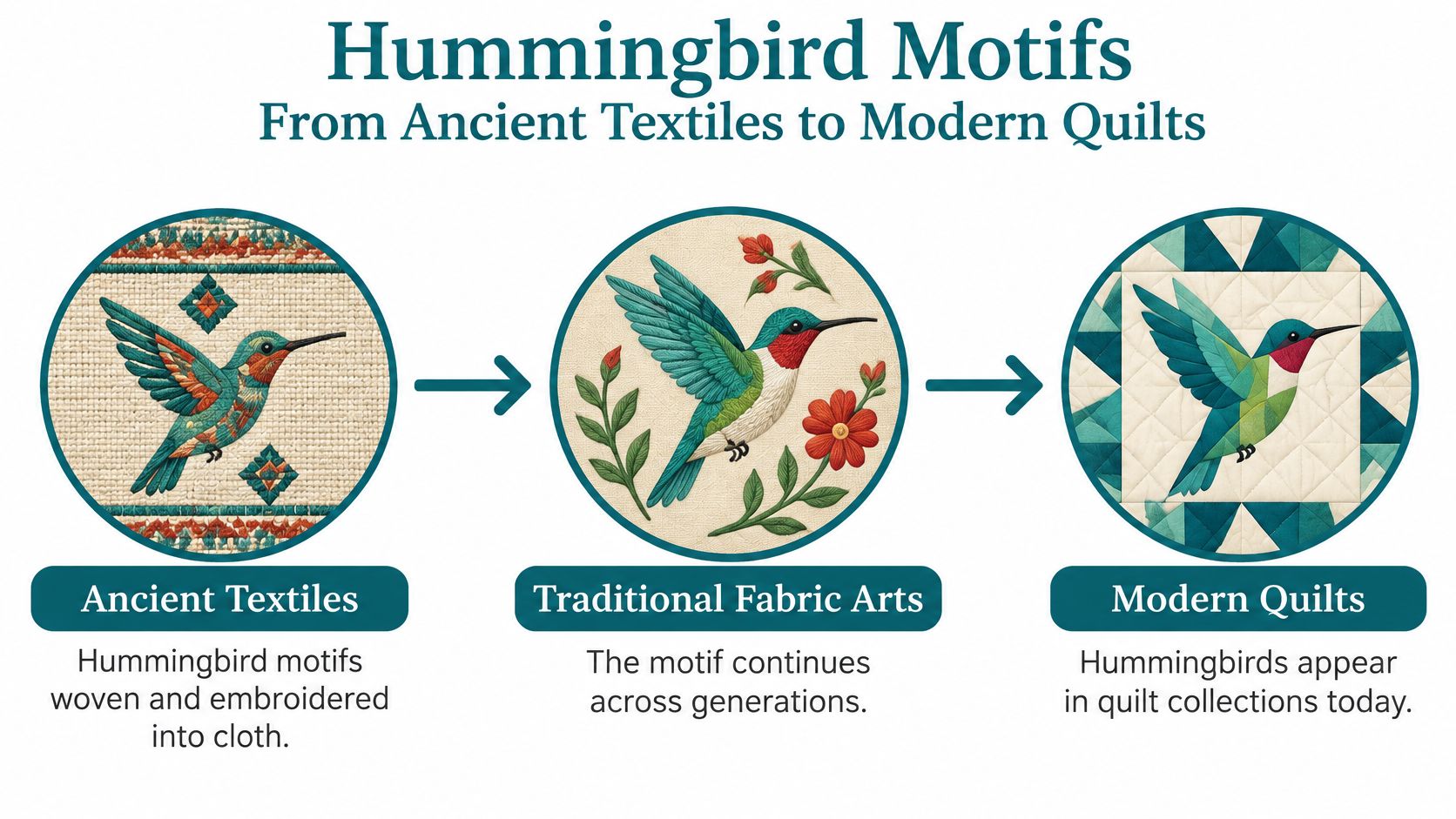 A diagram illustrating the evolution of hummingbird motifs from ancient textiles to traditional arts and modern quilts.