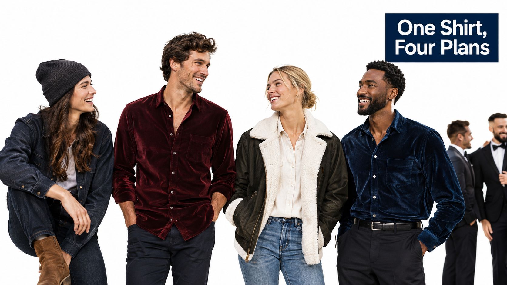 A group of stylish people wearing velvet button-down shirts and other clothing standing against white background.