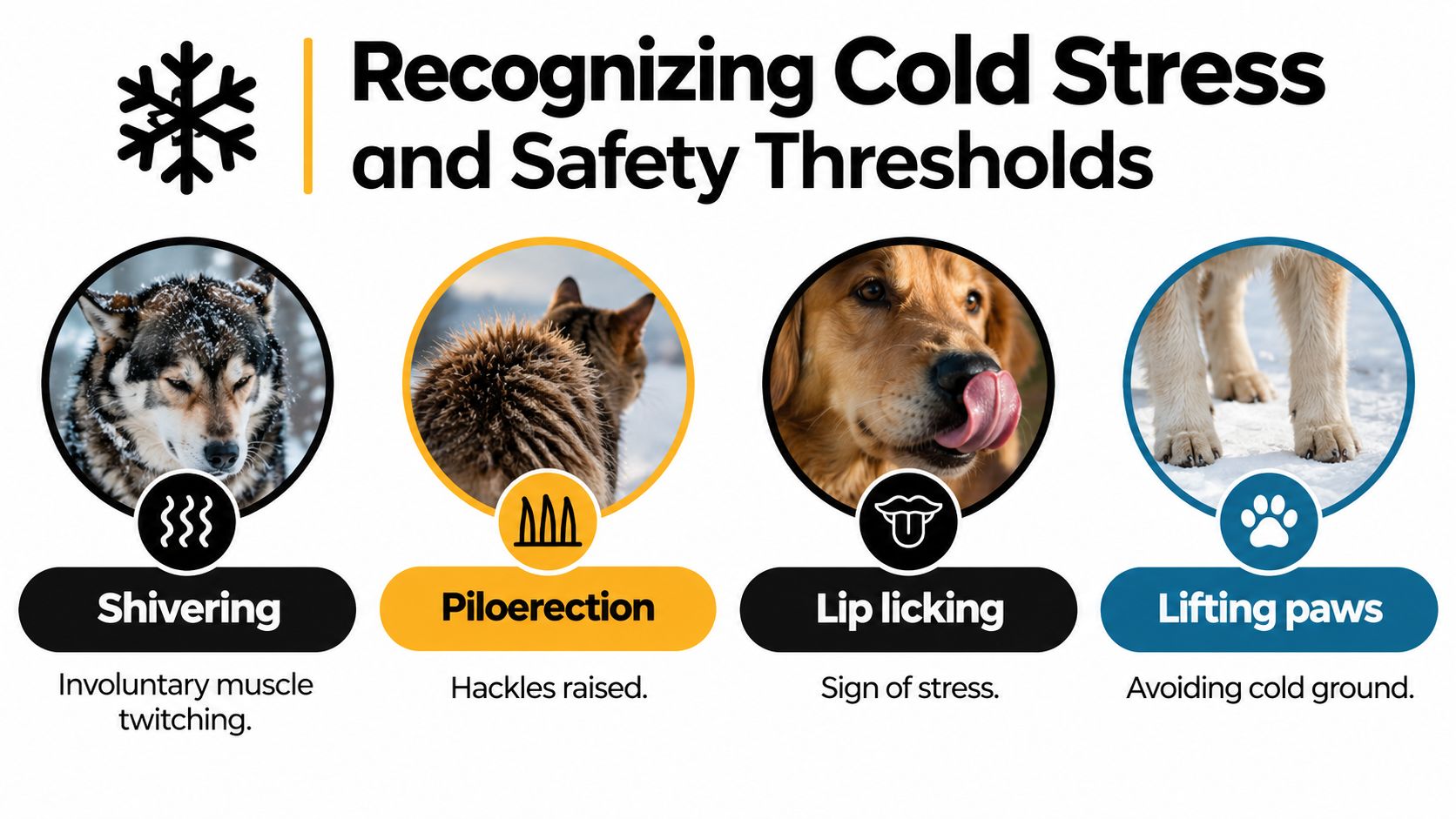 An infographic showing four common physical signs of cold stress in dogs and cats, including shivering and paw lifting.