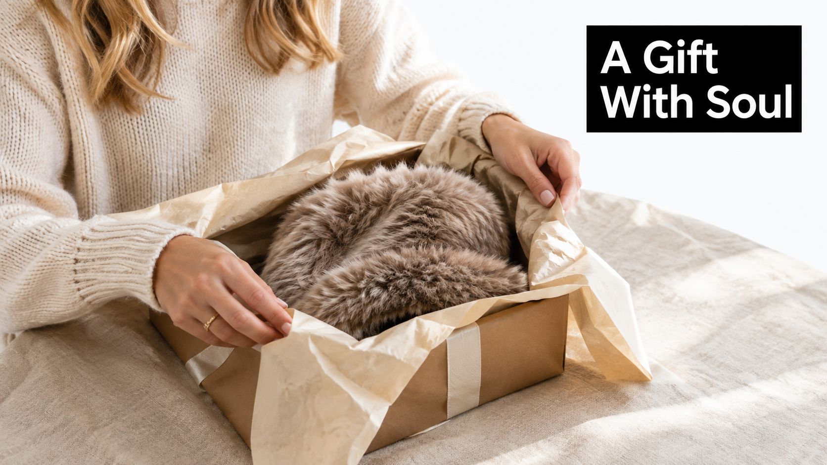 A person in a cozy sweater carefully opening a brown gift box containing a soft faux fur item.