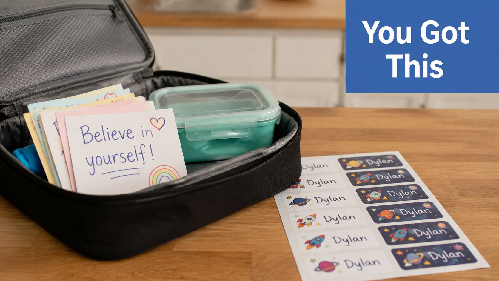 A black lunch bag containing motivational notes and a container, next to sheets of personalized name labels.