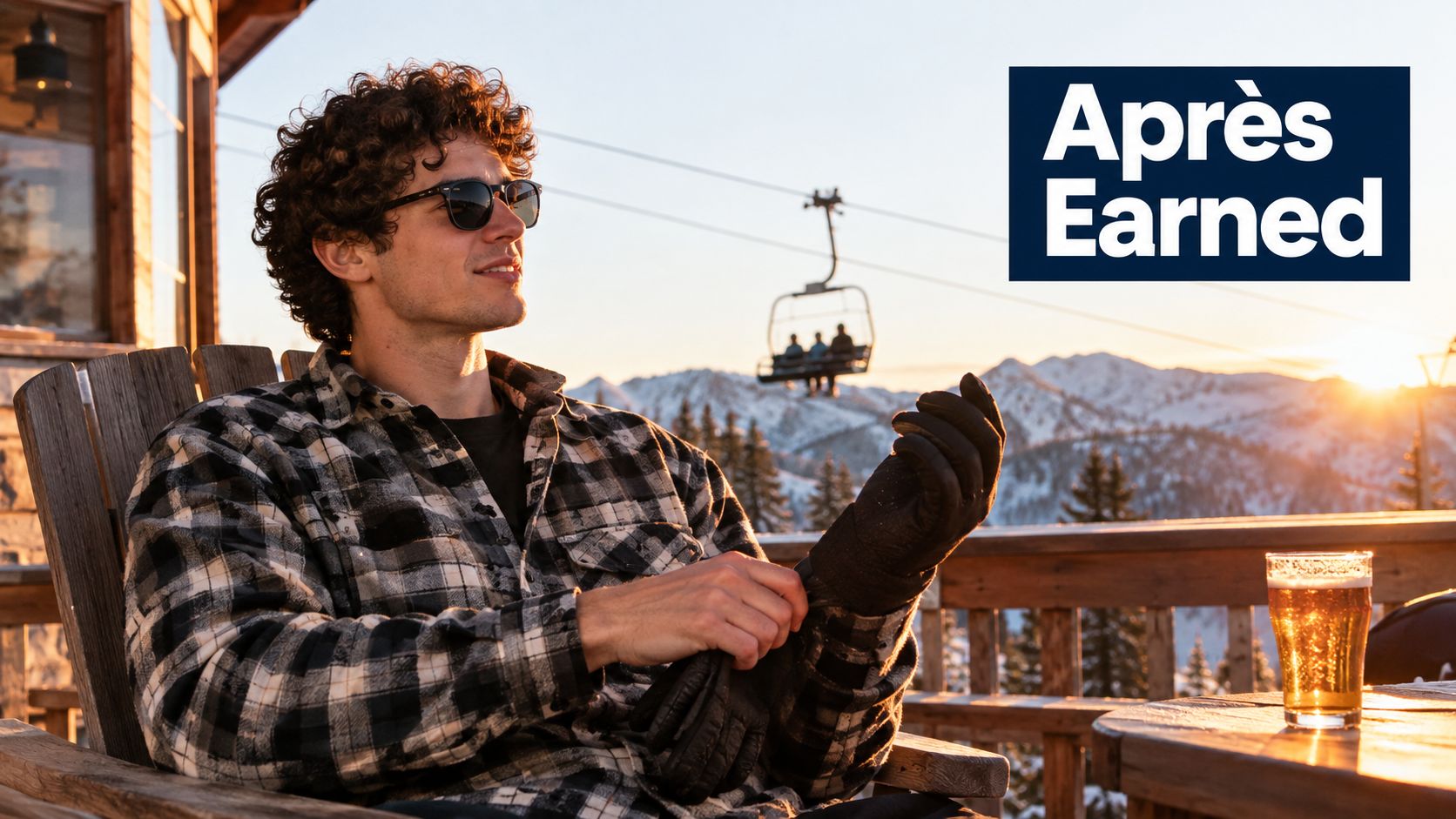 A man wearing a black and white flannel shirt relaxes on a deck chair at a snowy ski resort.