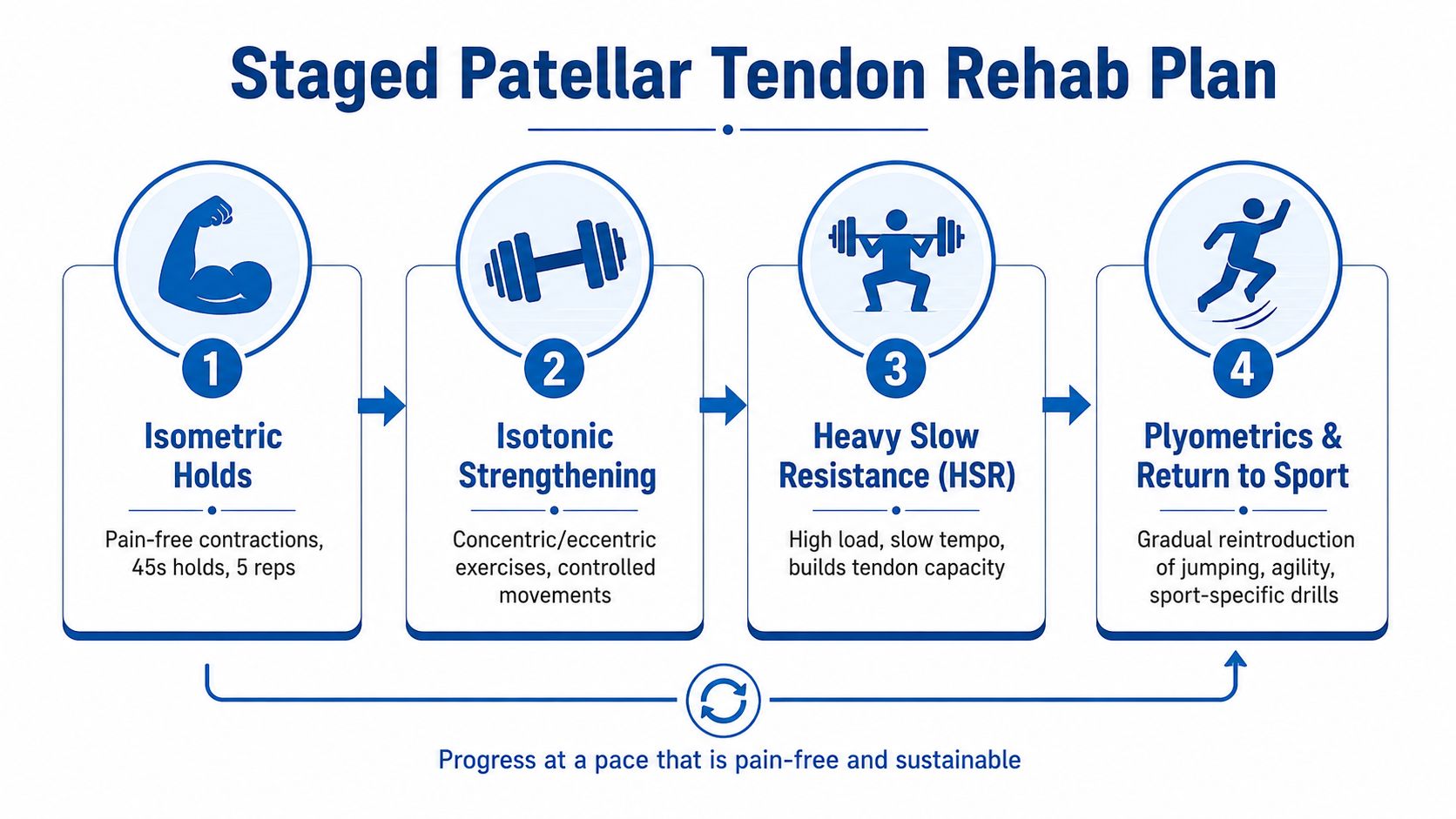 A four-stage physical therapy infographic illustrating a progressive rehab plan for patellar tendon pain recovery.