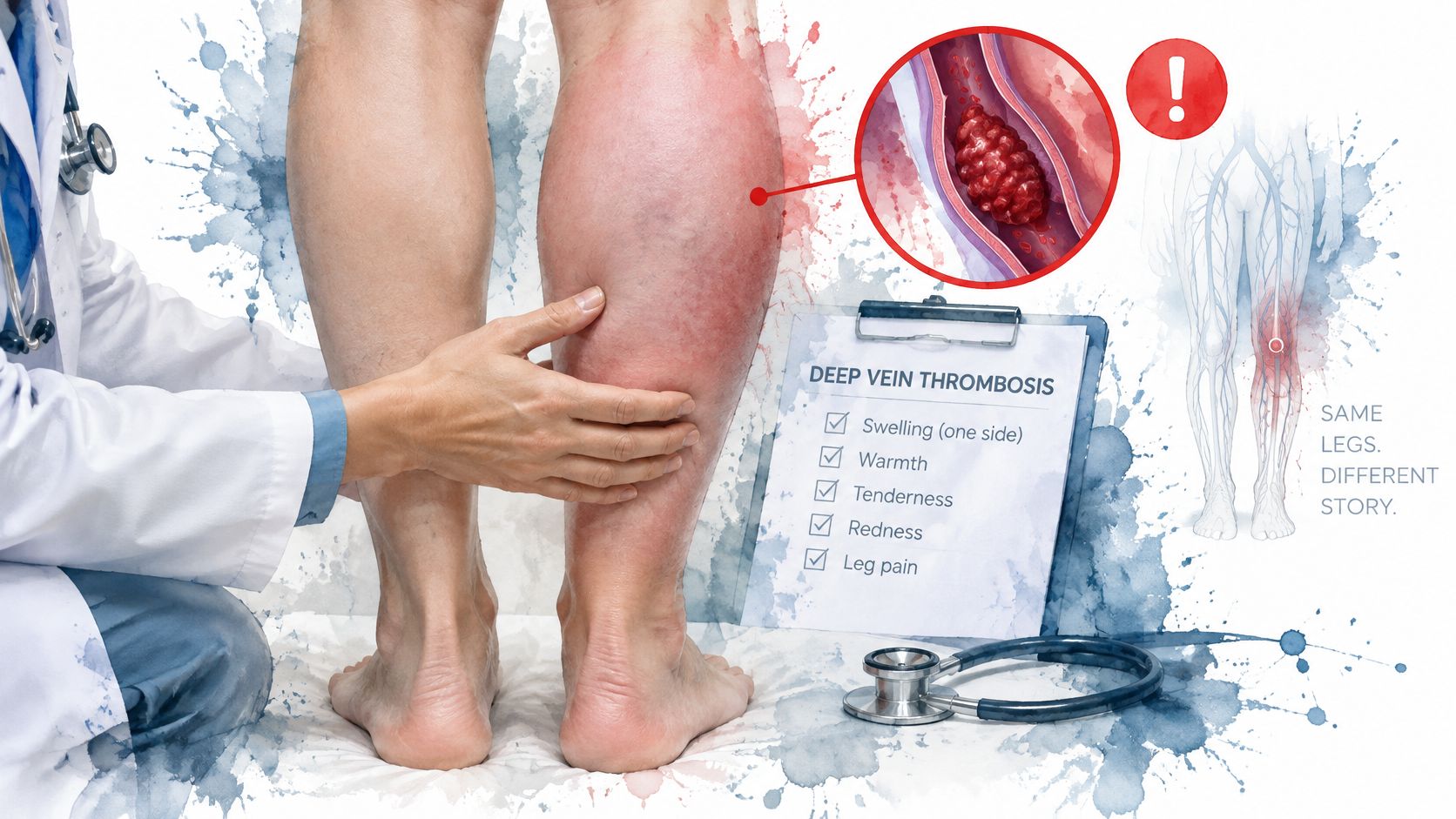 A doctor examines a swollen, red calf exhibiting symptoms of deep vein thrombosis with a symptom checklist.