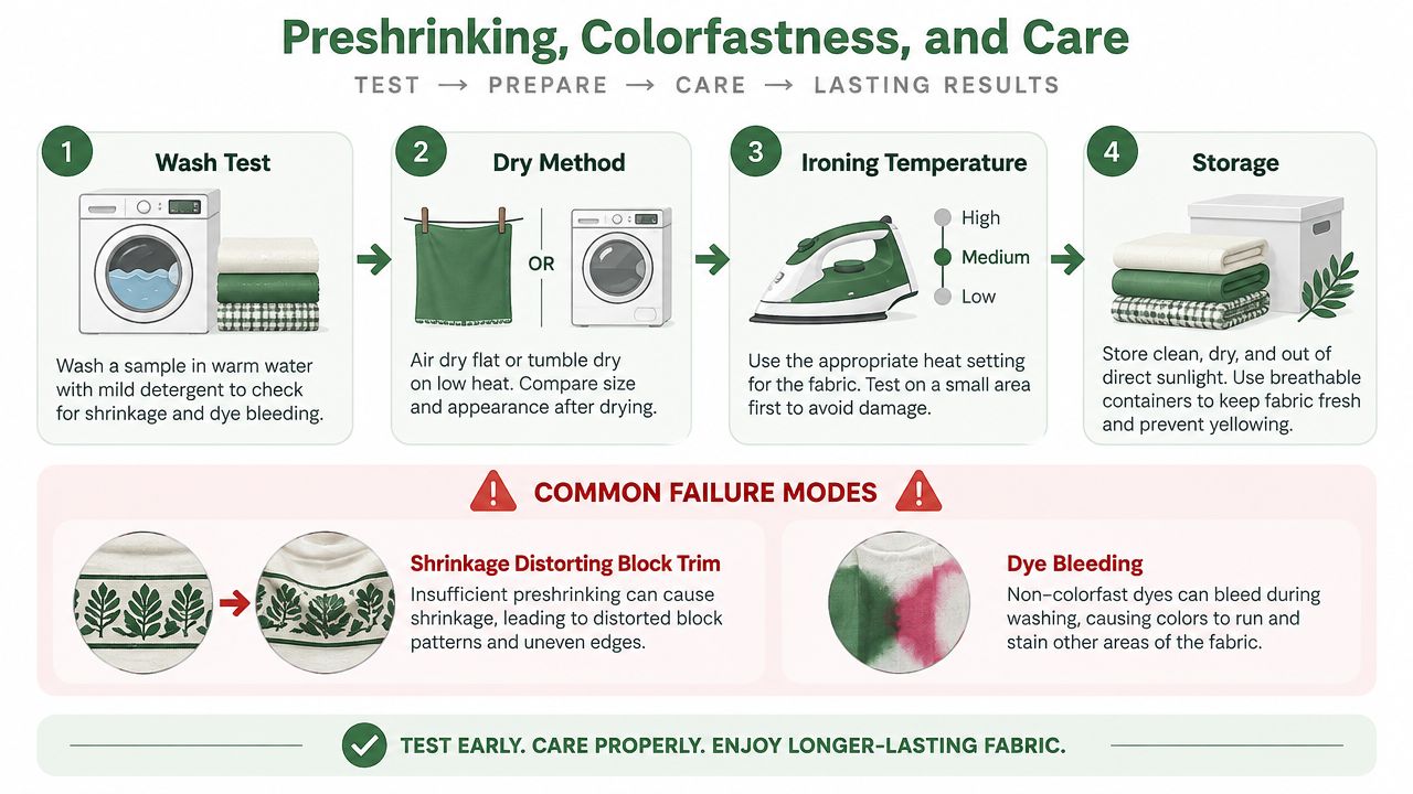 A step-by-step guide on how to preshrink, test colorfastness, and care for pink cotton fabric.