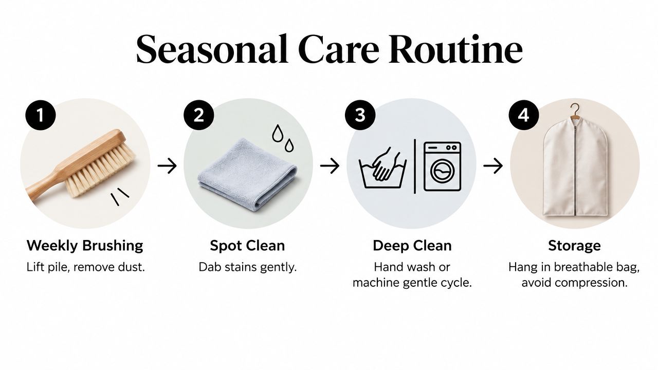 A four-step infographic illustrating a seasonal care routine for garments, featuring brushing, spot cleaning, washing, and storage.