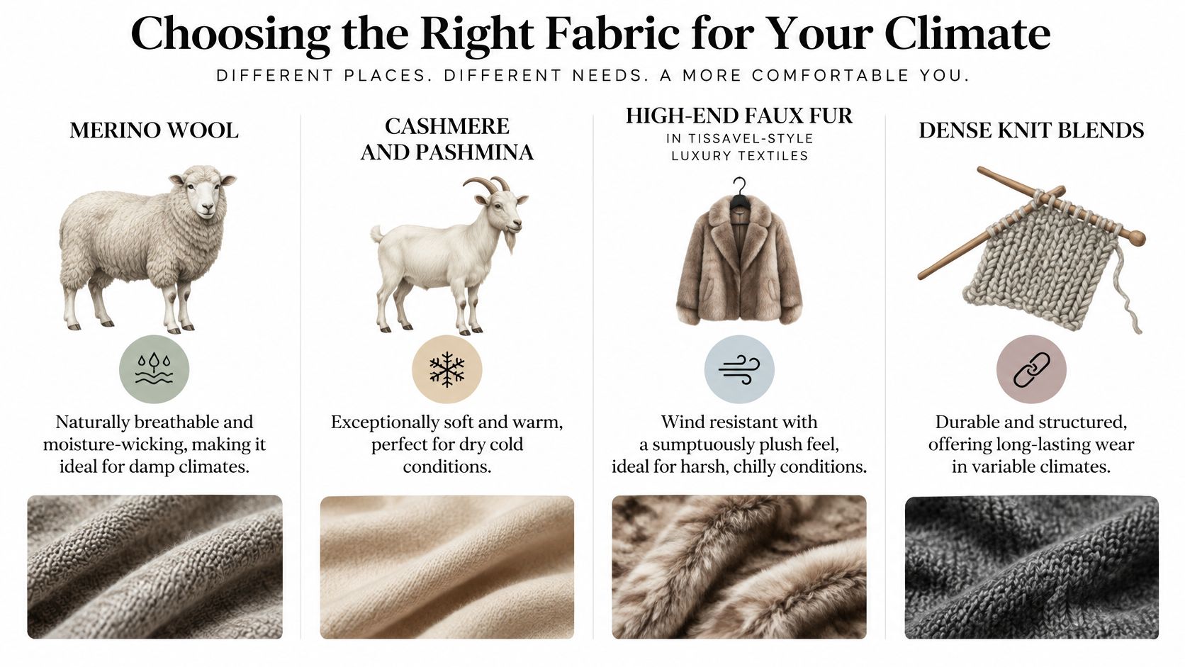 A chart illustrating different fabric types and their ideal climate suitability for choosing winter clothing.