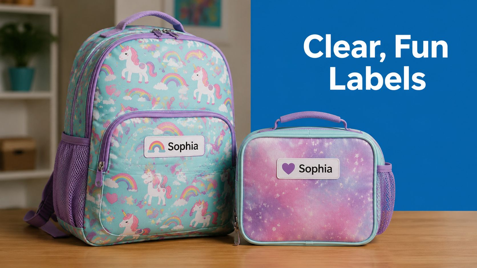 A unicorn backpack and lunch bag set both featuring the personalized name label Sophia on a desk.