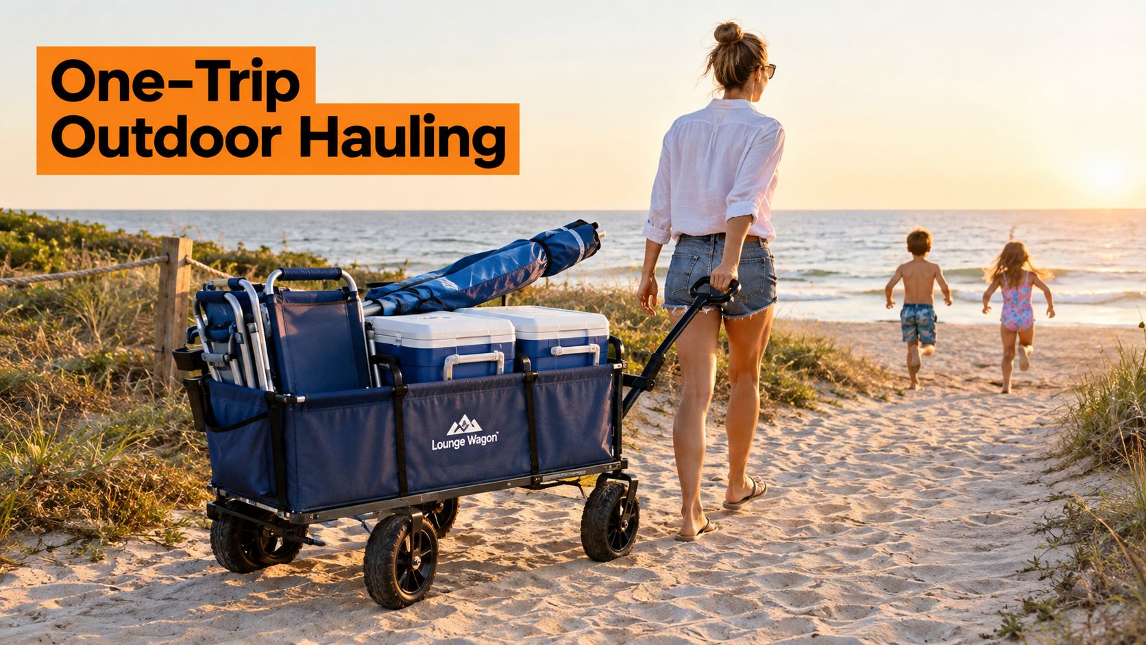 A woman pulling a blue Lounge Wagon filled with beach gear while children run toward the ocean.