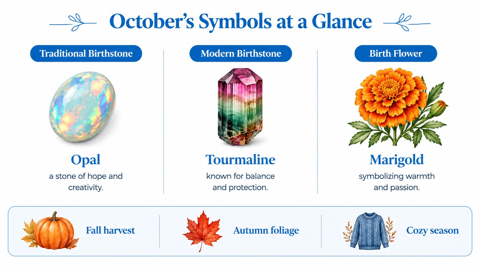 An informative infographic titled October's Symbols at a Glance featuring opal, tourmaline, marigolds, pumpkins, leaves, and a sweater.