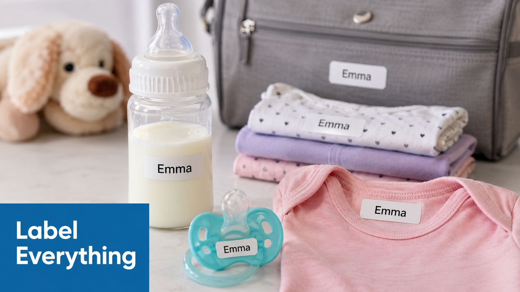 Infant baby items like a bottle, pacifier, and clothing featuring personalized name labels for daycare organization.