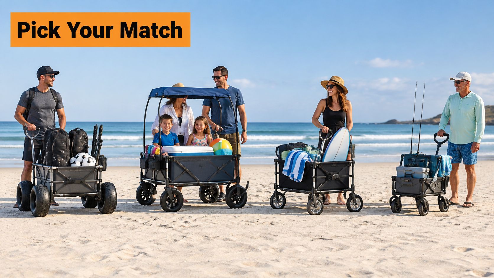 A family and individuals standing on a sunny beach with four different types of beach carts.