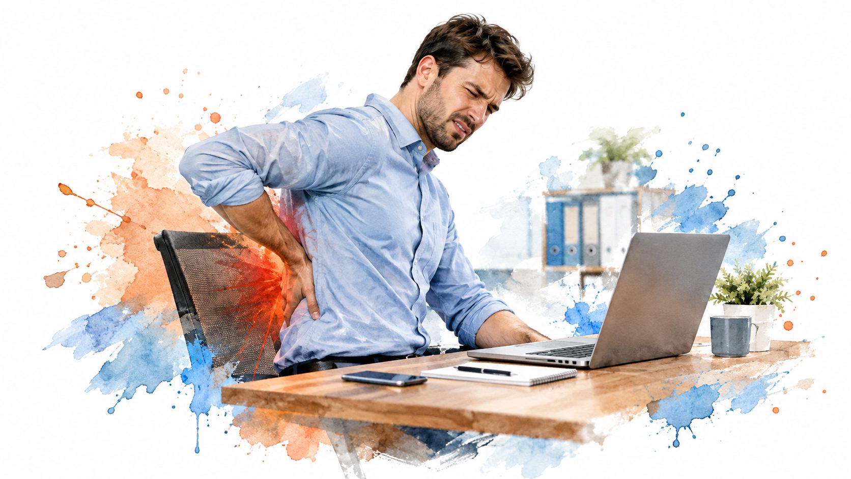 A professional man sitting at a desk experiencing sharp pain in his mid back area.