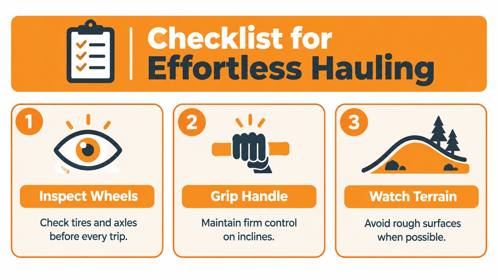 An instructional infographic with three steps for effortless hauling, showing wheel inspection, handle grip, and terrain awareness.