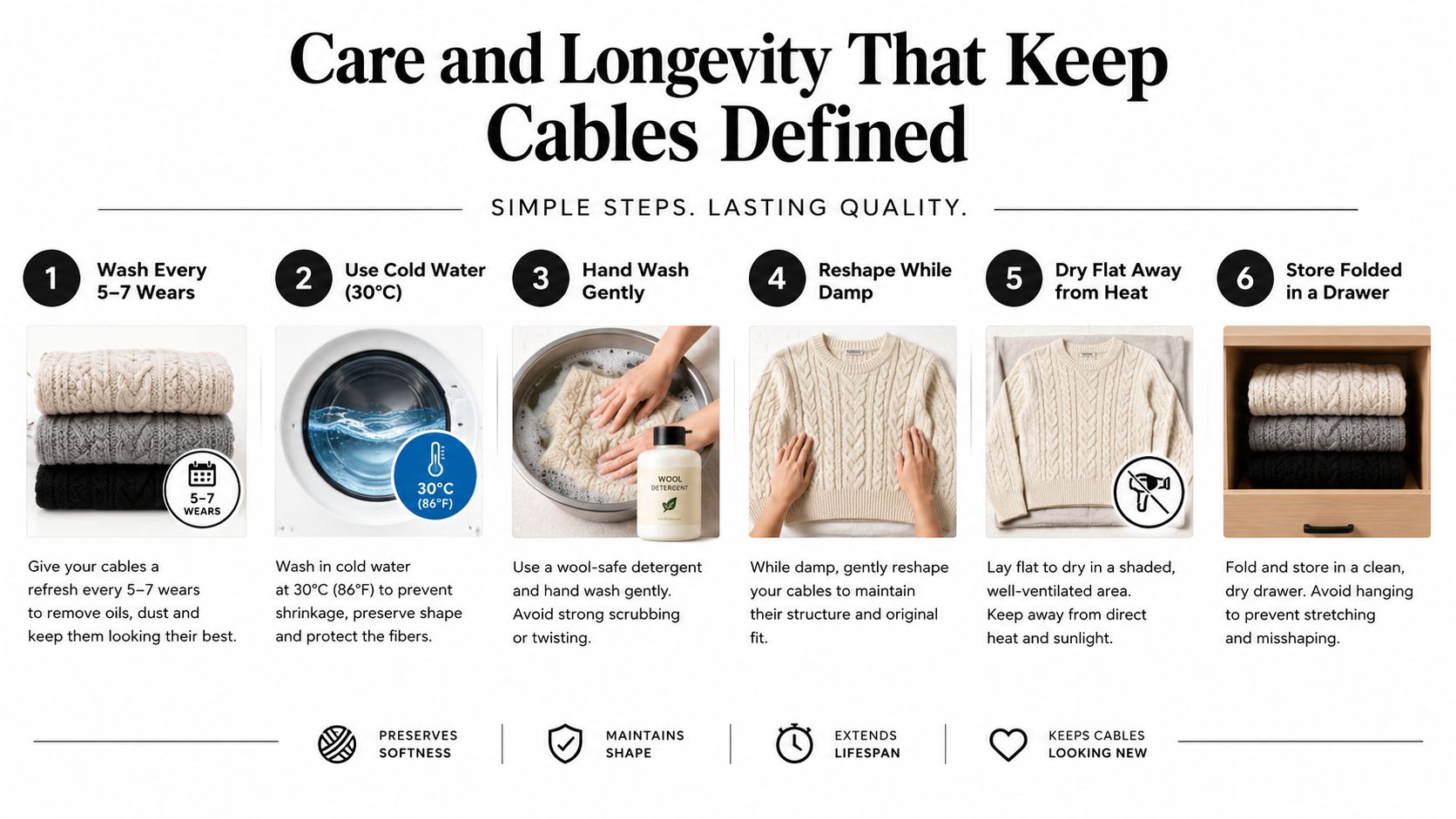 A six-step infographic showing how to care for and wash cable knit garments to maintain their quality.
