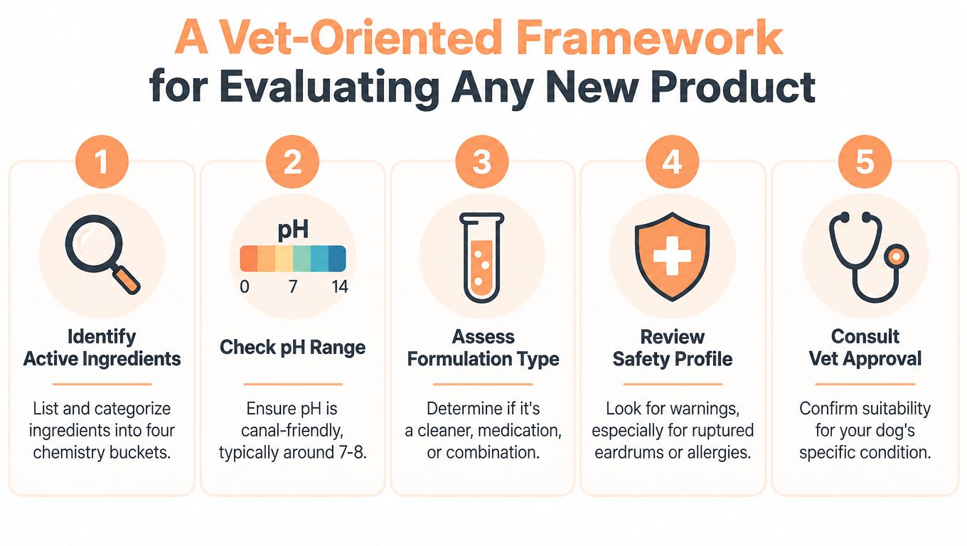 A five-step framework for evaluating new ear cleaning products for dogs, featuring professional veterinary assessment guidelines.