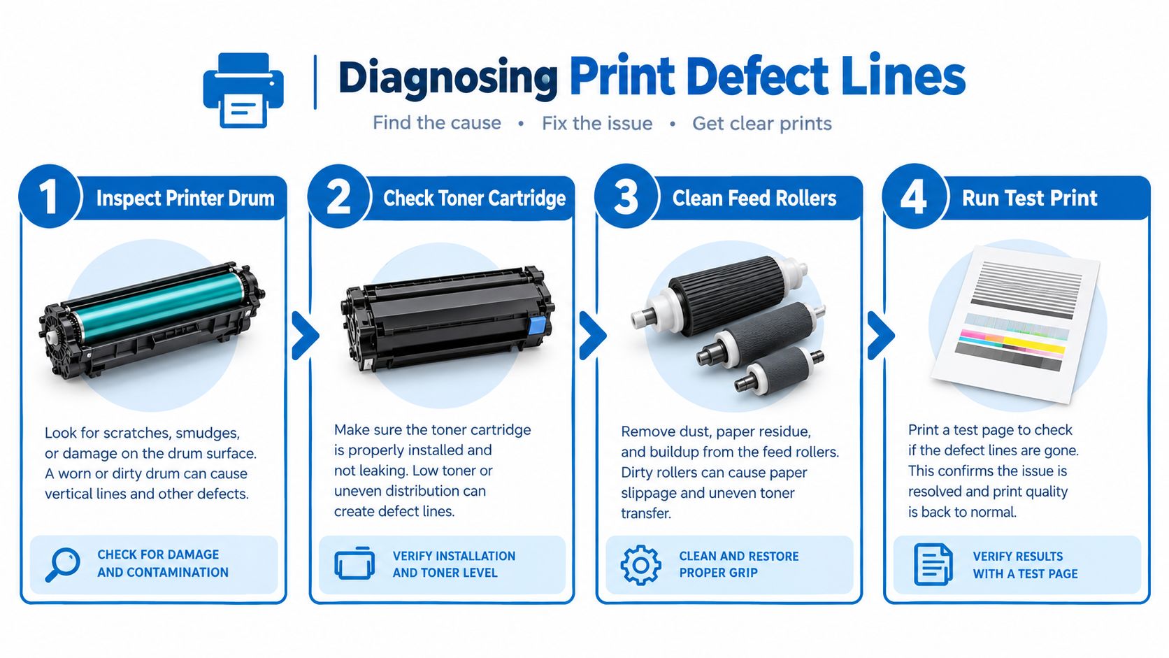 A step-by-step infographic titled Diagnosing Print Defect Lines showing how to fix printer issues.