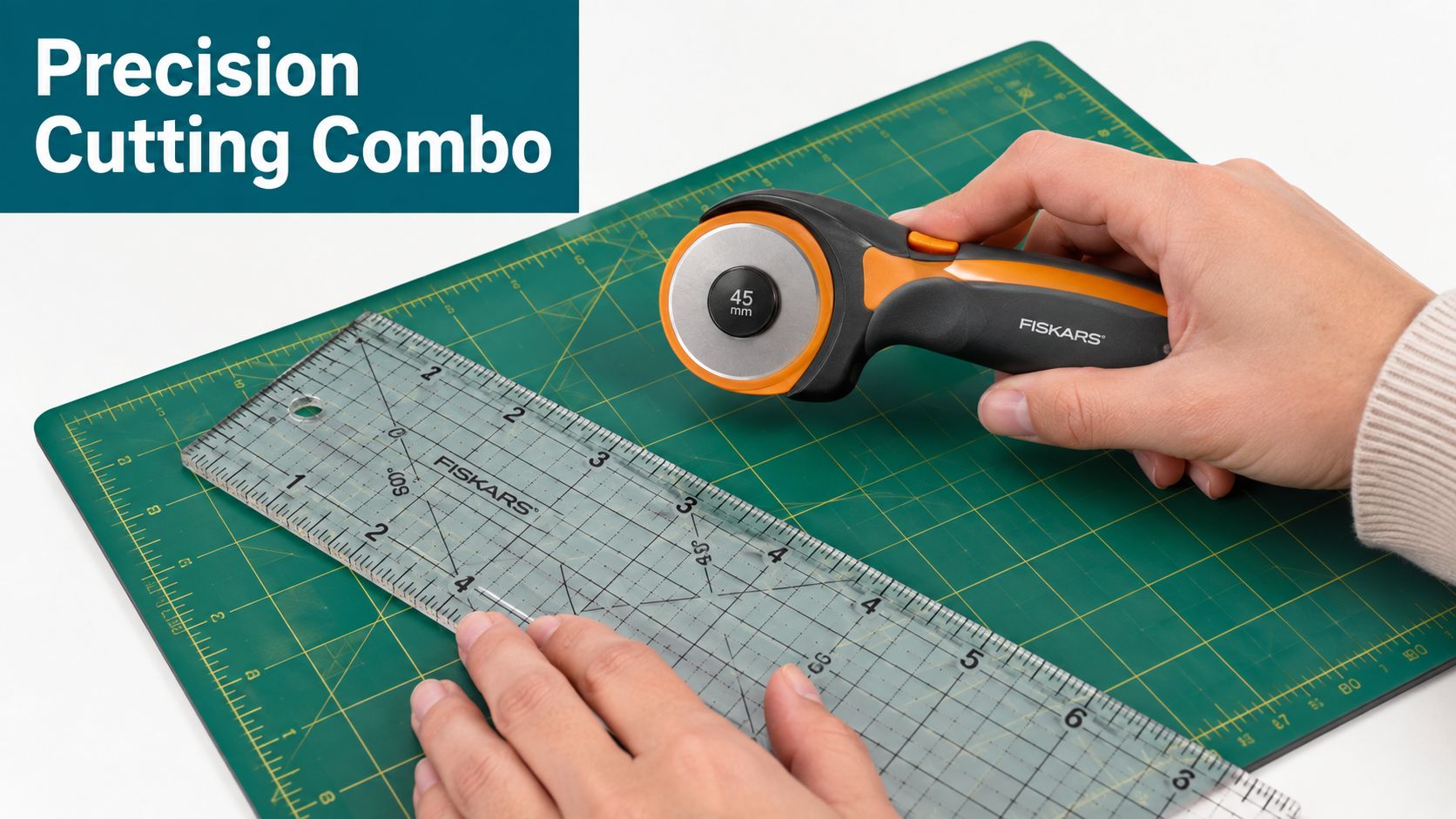 A hand using a Fiskars rotary cutter and acrylic ruler on a green cutting mat.