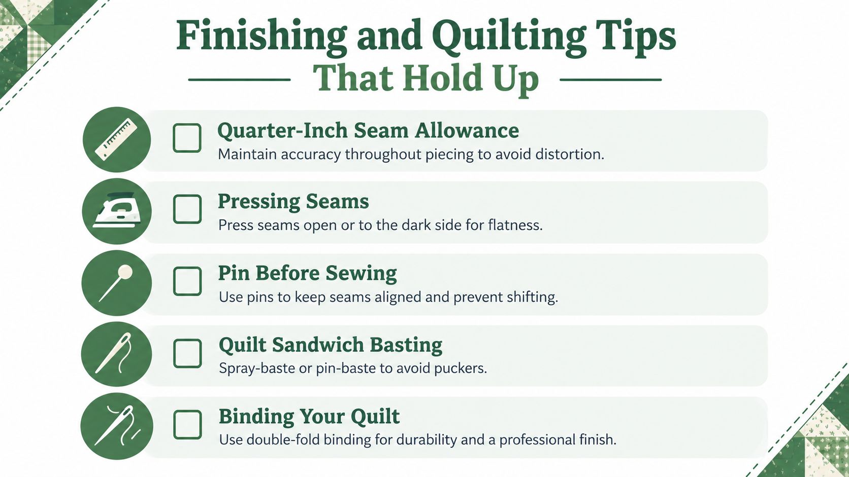 An infographic list titled Finishing and Quilting Tips That Hold Up with sewing and quilting instructions.