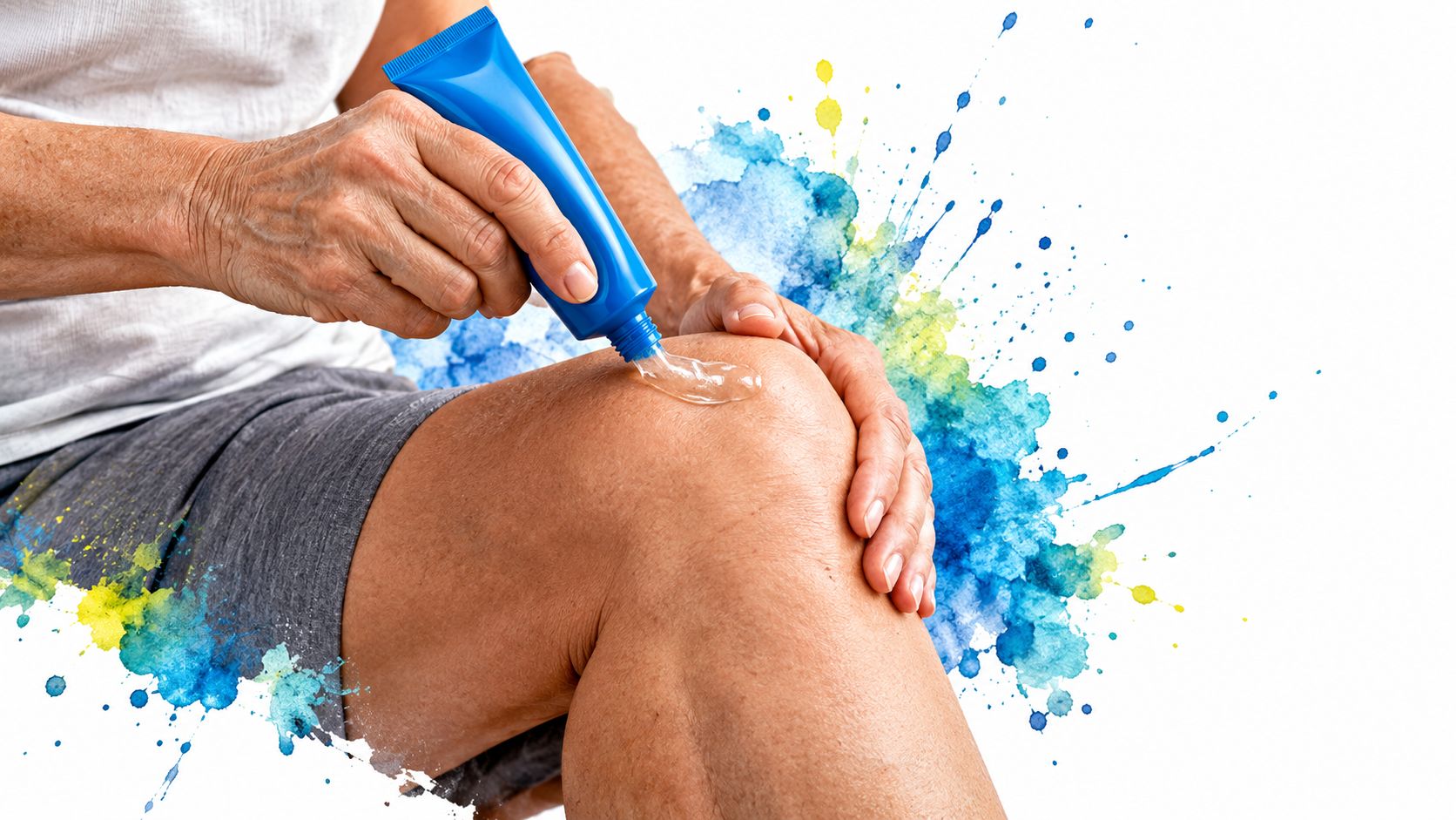 An elderly person applying a clear topical anti-inflammatory gel to their knee for pain relief.