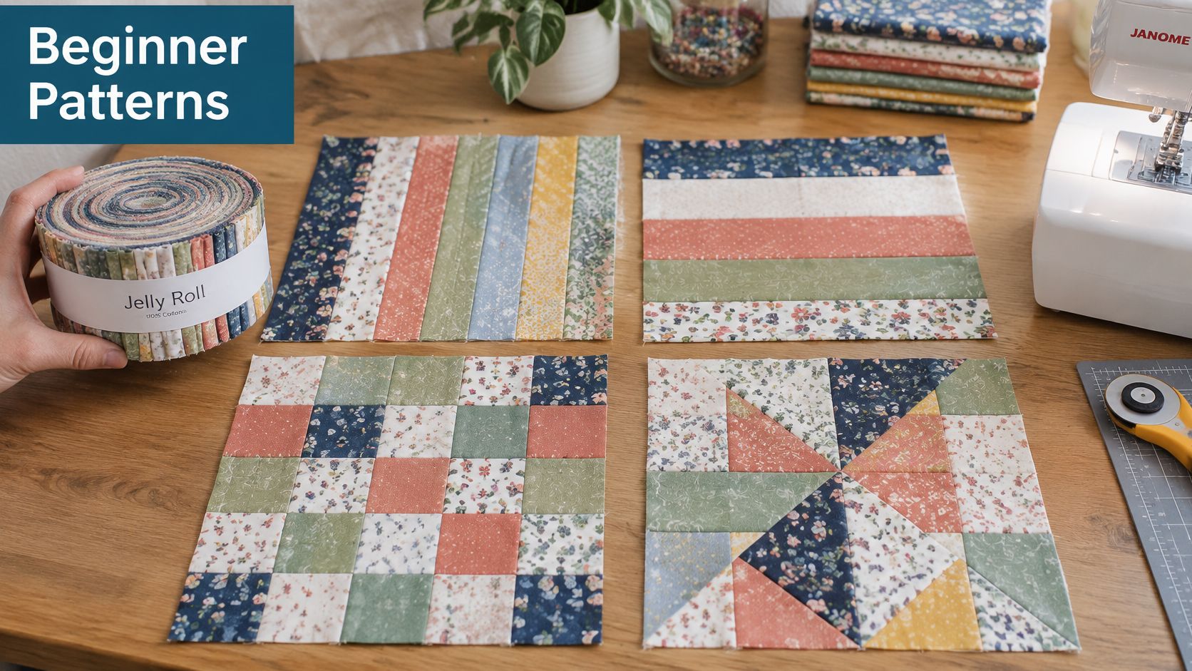 A hand holding a fabric jelly roll next to four different handmade quilt blocks on a table.