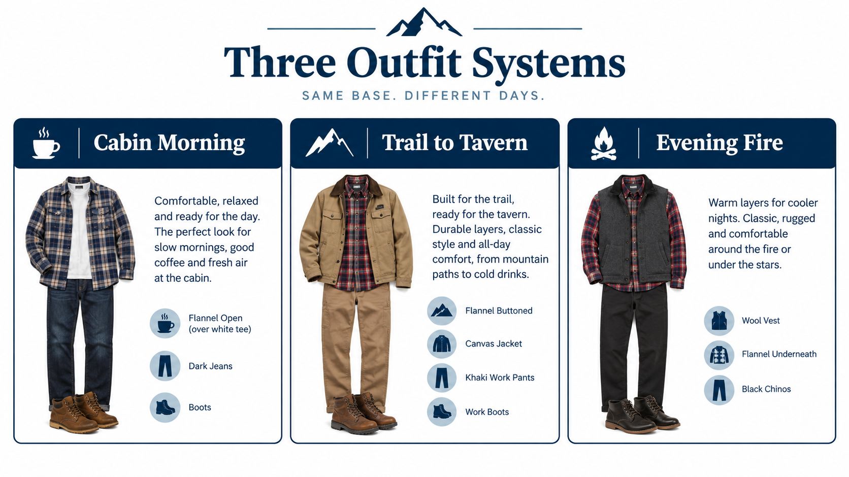 A visual guide showing three versatile outfit styles for men featuring flannel shirts and casual rugged clothing.