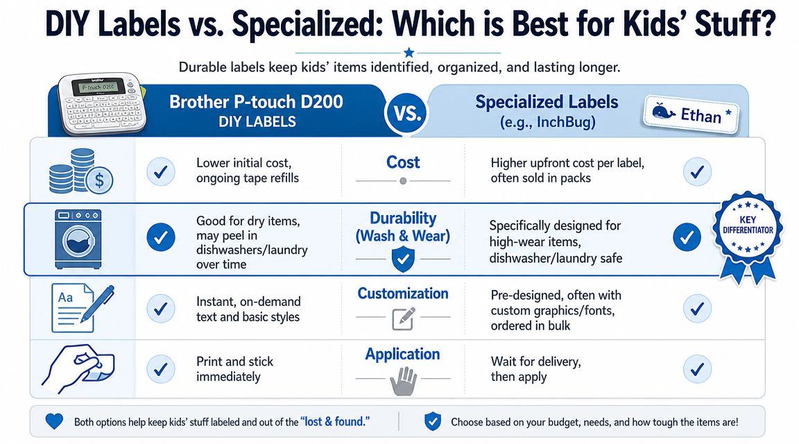 A comparison chart showing the differences between Brother P-touch D200 DIY labels and specialized kids' labels.