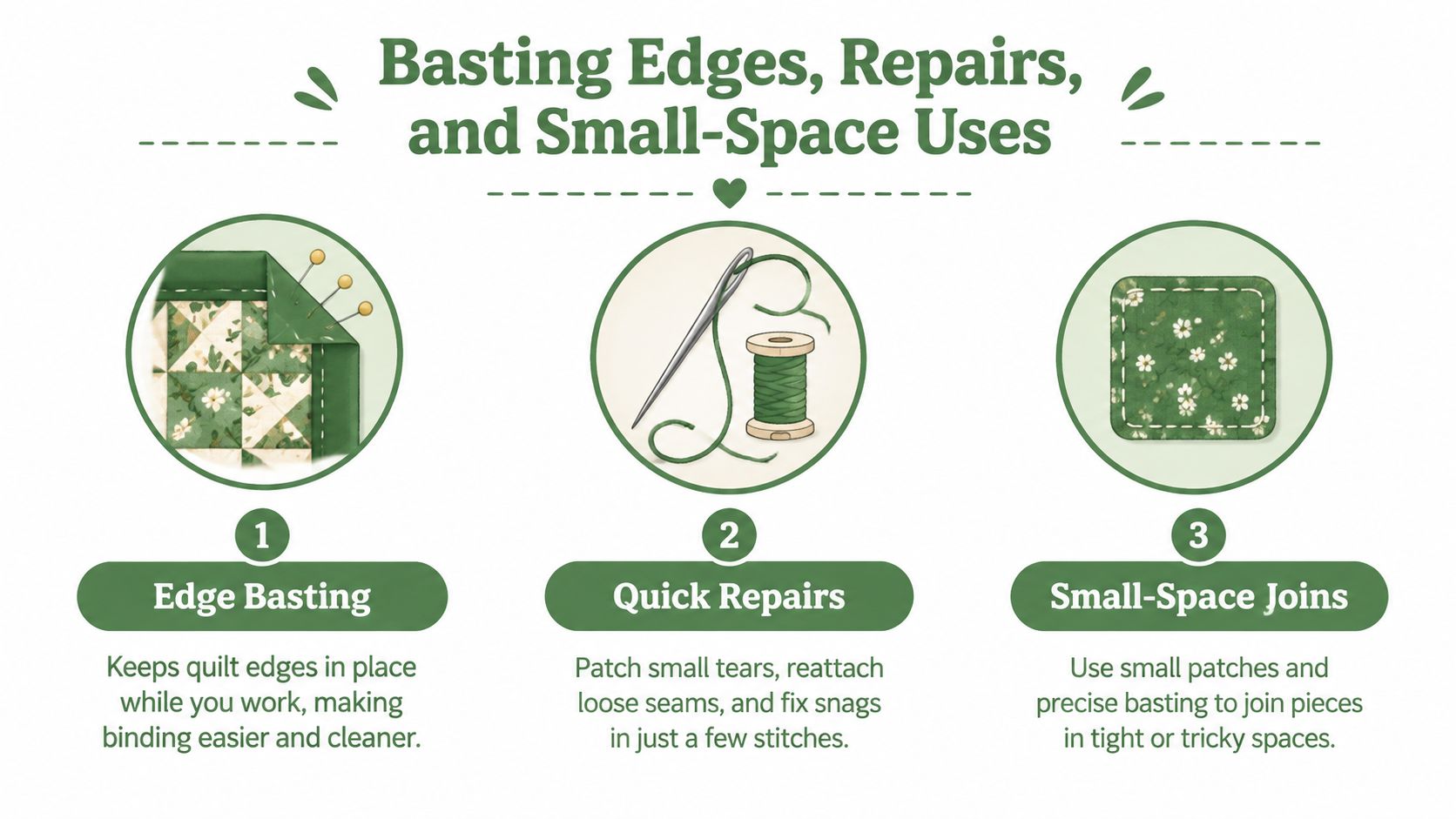 A diagram illustrating the uses of fusible batting tape for edge basting, quick repairs, and small-space quilting joins.