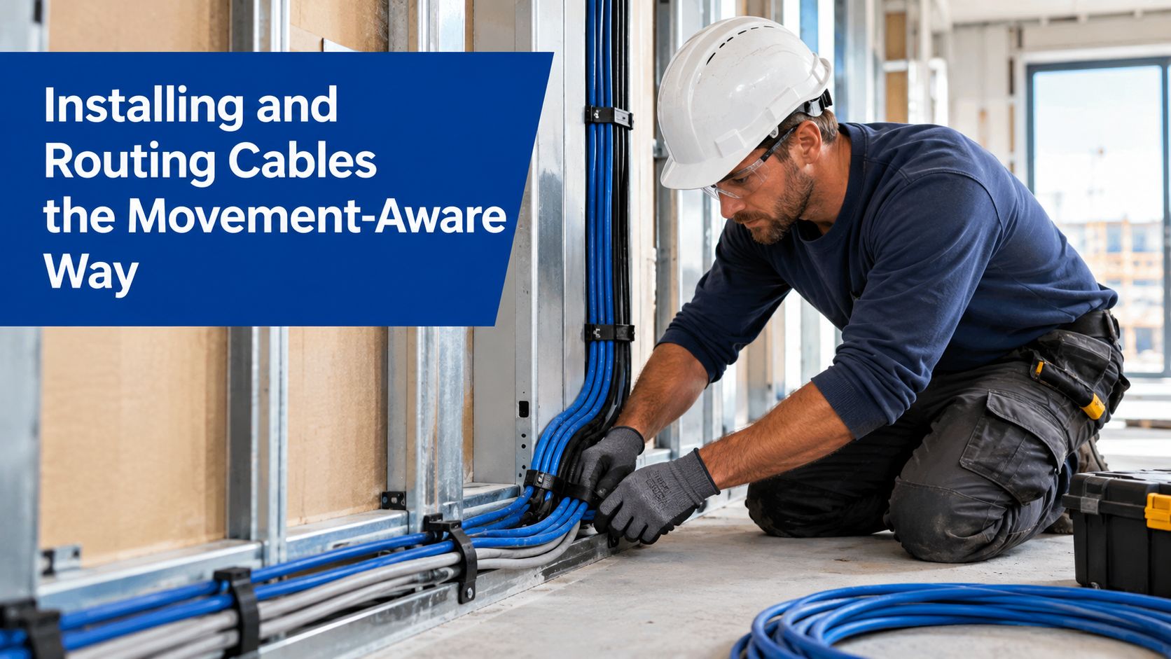 A professional electrician installing and securing blue and grey electrical cables along a metal wall frame.
