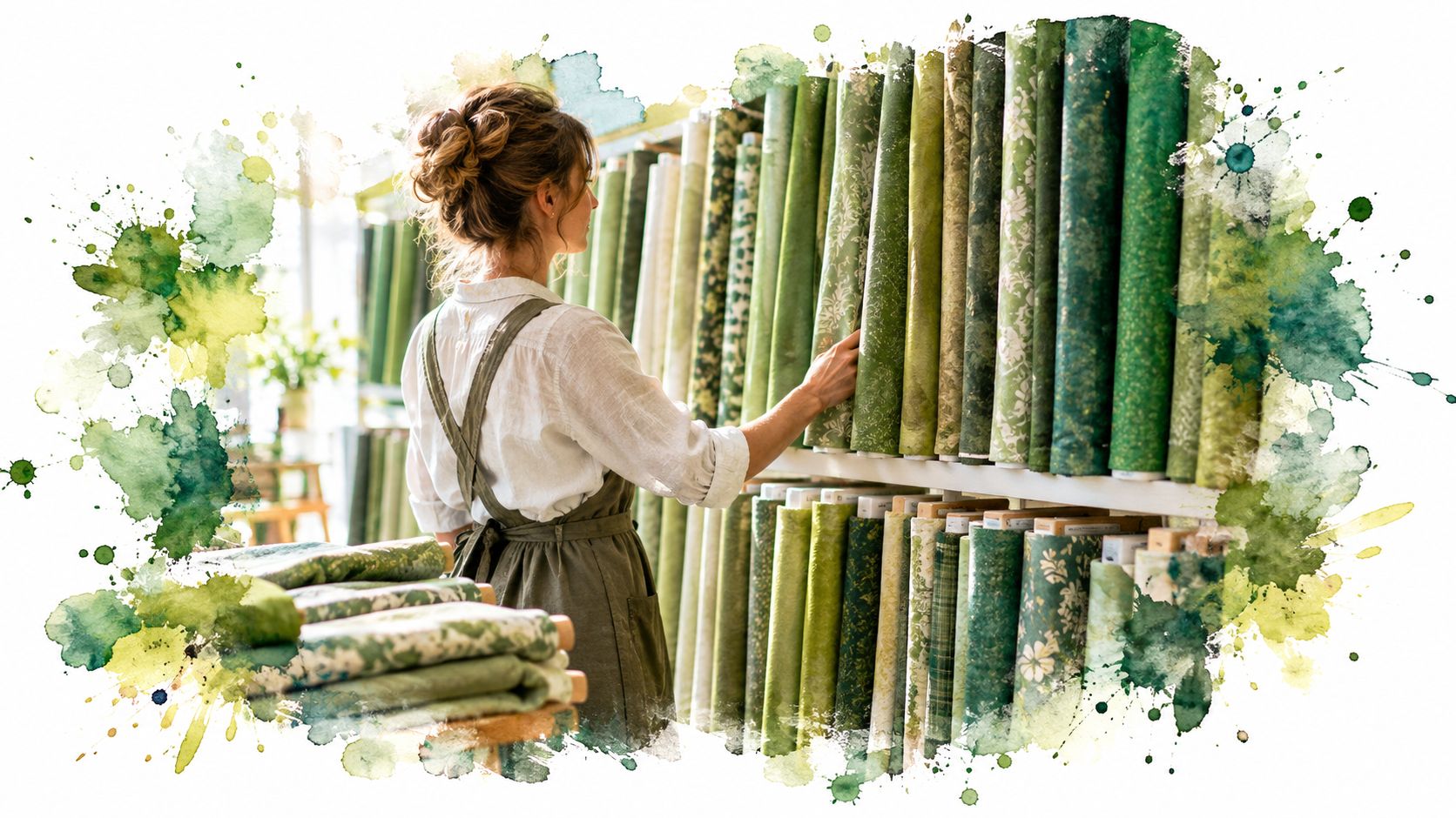 A woman in a linen apron browsing various shades of green cotton fabric bolts in a store.