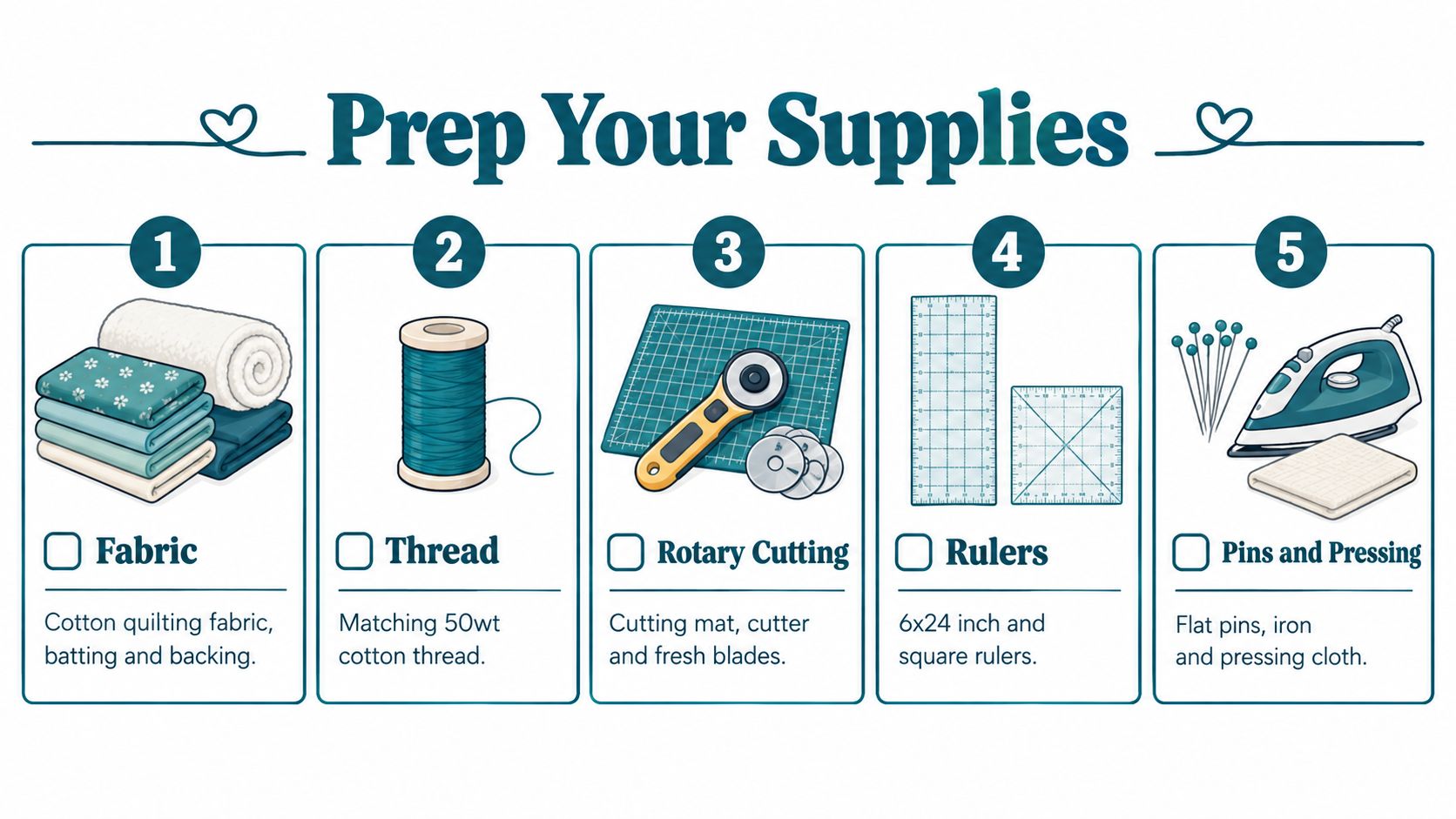 A guide showing five essential supplies for a bear paw quilt pattern including fabric, thread, cutting tools, rulers, and pressing tools.