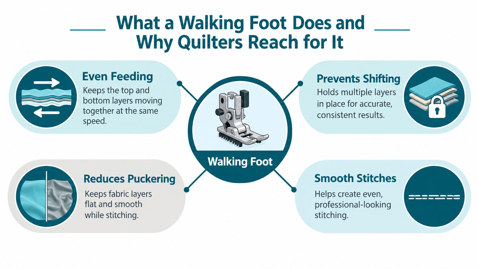 A diagram explaining the benefits of a sewing machine walking foot, including even feeding, preventing shifting, reducing puckering, and smooth stitches.