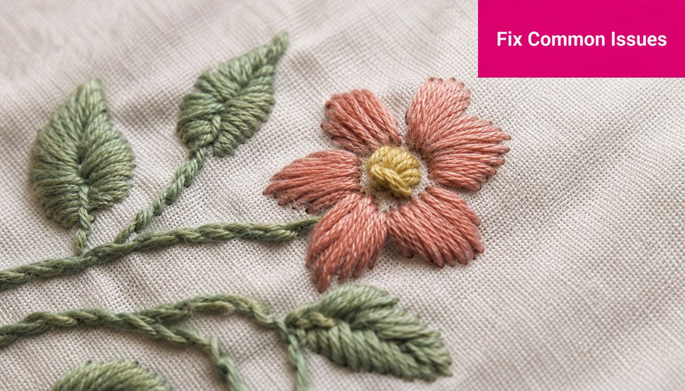 Close up of hand embroidered flower and leaves on a beige fabric background with textured stitches.