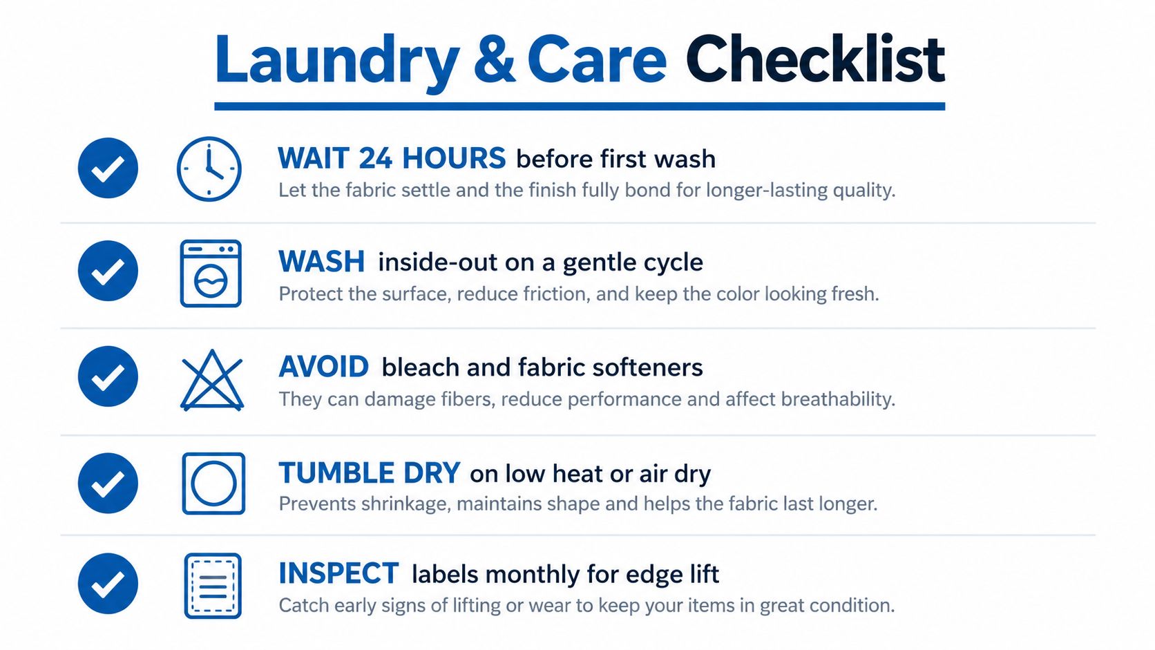 An infographic titled Laundry and Care Checklist providing instructions for washing fabric with personalized labels.