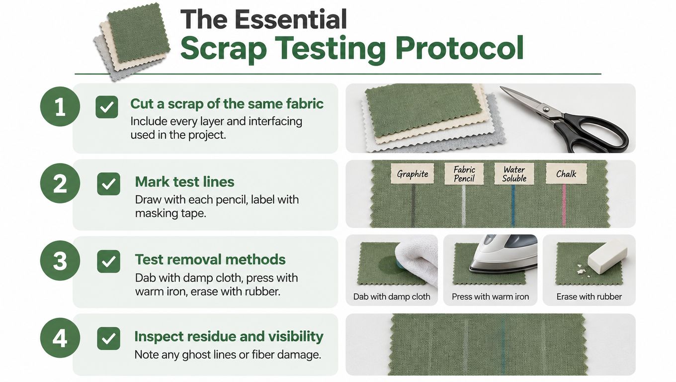 A four-step essential scrap testing protocol guide for testing different marking tools on fabric samples.